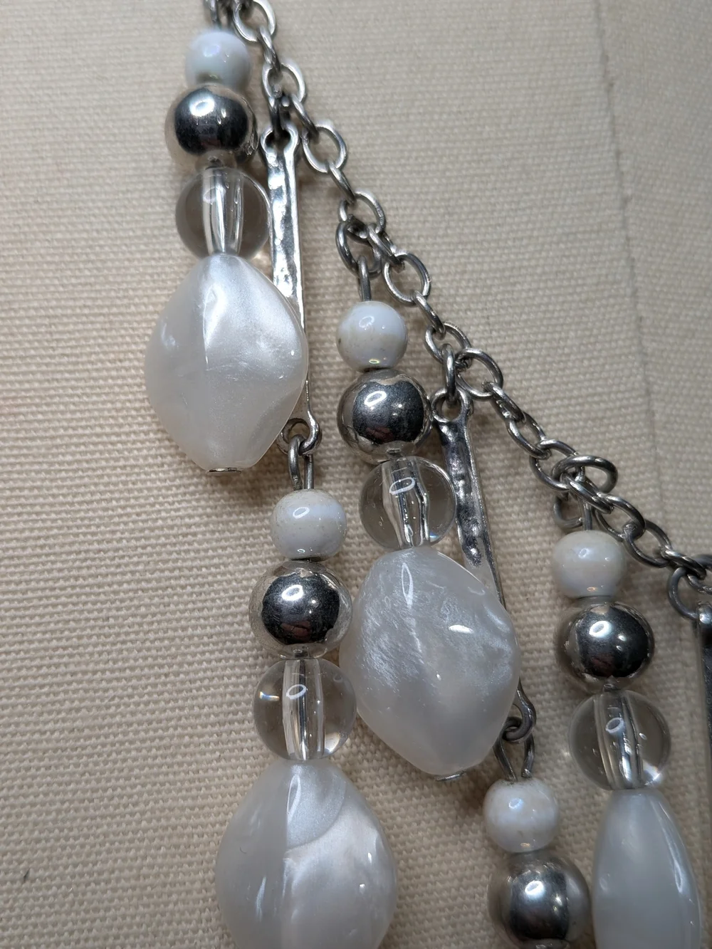 Silver Tone Pearlescent White Drop Statement Necklace Cascading Fringe